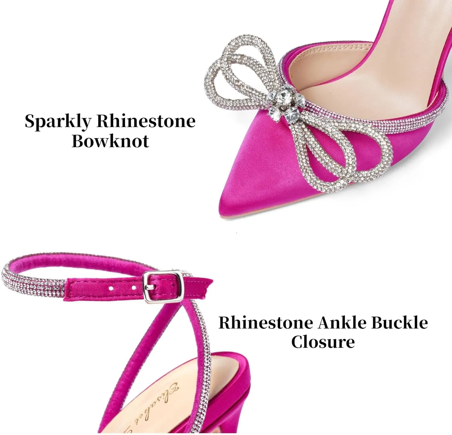 Elisabet Tang Women's High Heel Pumps,Satin Rhinestone Bowknot Lace Up Sandals Pointed Toe Ankle Buckle Straps Pump Stiletto Sandals