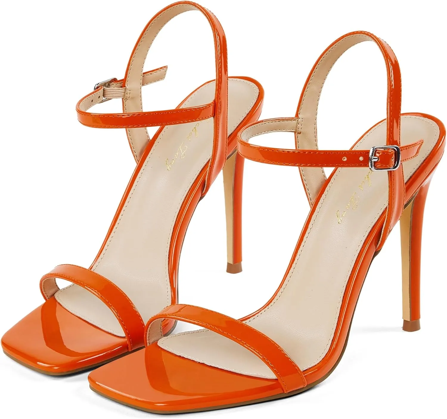 Elisabet Tang Women's High Heeled Sandals 4 Inch Strappy Sling Back Stiletto Open Square Toe Heels with Ankle Straps at Wedding Party Prom Work Dating