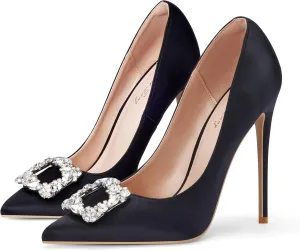 Elisabet Tang Women's High Heels,4.72 Inch Satin Glitter Rhinestone Stiletto Pumps for Women Sexy Closed Pointed Toe Heels Elegant Versatile Wedding Bridal Party Dress Shoes