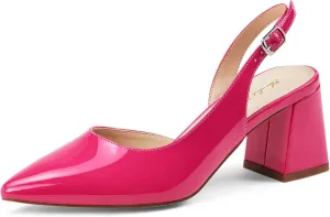 Elisabet Tang Women's Pumps Slingback 2 Inches Block Chunky Heels with Closed Pointed Toe Thick Low Pumps Wedding Party Prom Dating Casual Work Dressy Black Silver Gold Glitter Hot Pink