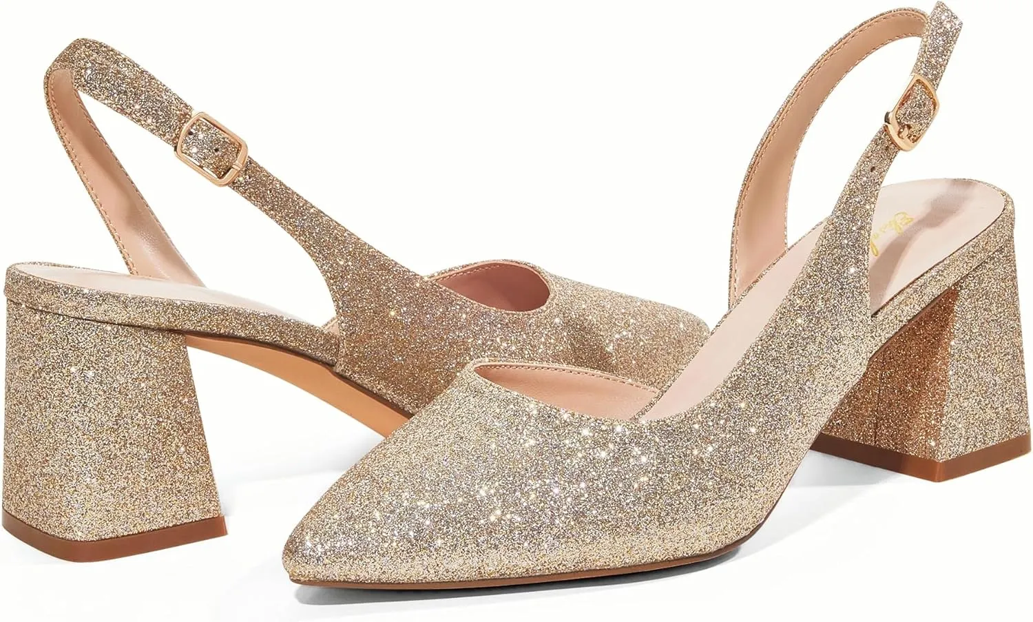 Elisabet Tang Women's Pumps Slingback 2 Inches Block Chunky Heels with Closed Pointed Toe Thick Low Pumps Wedding Party Prom Dating Casual Work Dressy Black Silver Gold Glitter Hot Pink