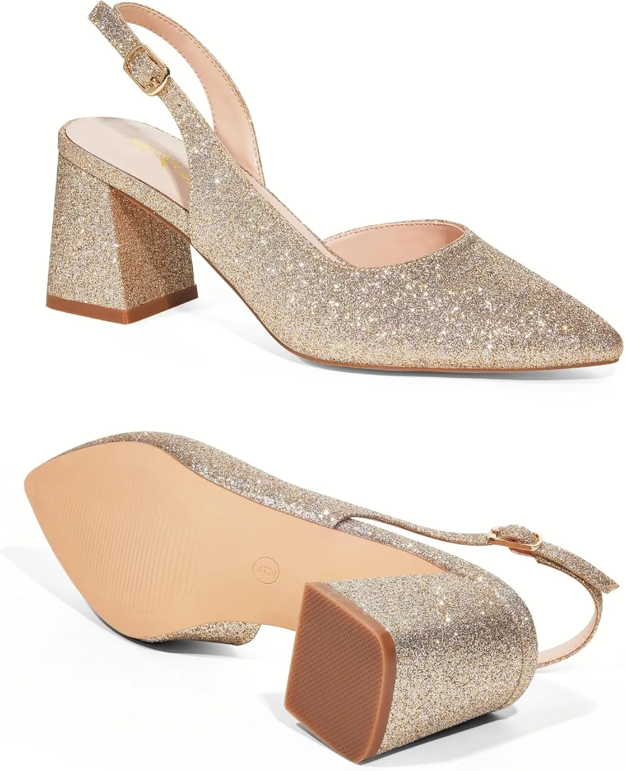 Elisabet Tang Women's Pumps Slingback 2 Inches Block Chunky Heels with Closed Pointed Toe Thick Low Pumps Wedding Party Prom Dating Casual Work Dressy Black Silver Gold Glitter Hot Pink