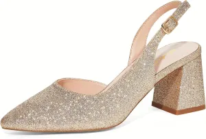 Elisabet Tang Women's Pumps Slingback 2 Inches Block Chunky Heels with Closed Pointed Toe Thick Low Pumps Wedding Party Prom Dating Casual Work Dressy Black Silver Gold Glitter Hot Pink