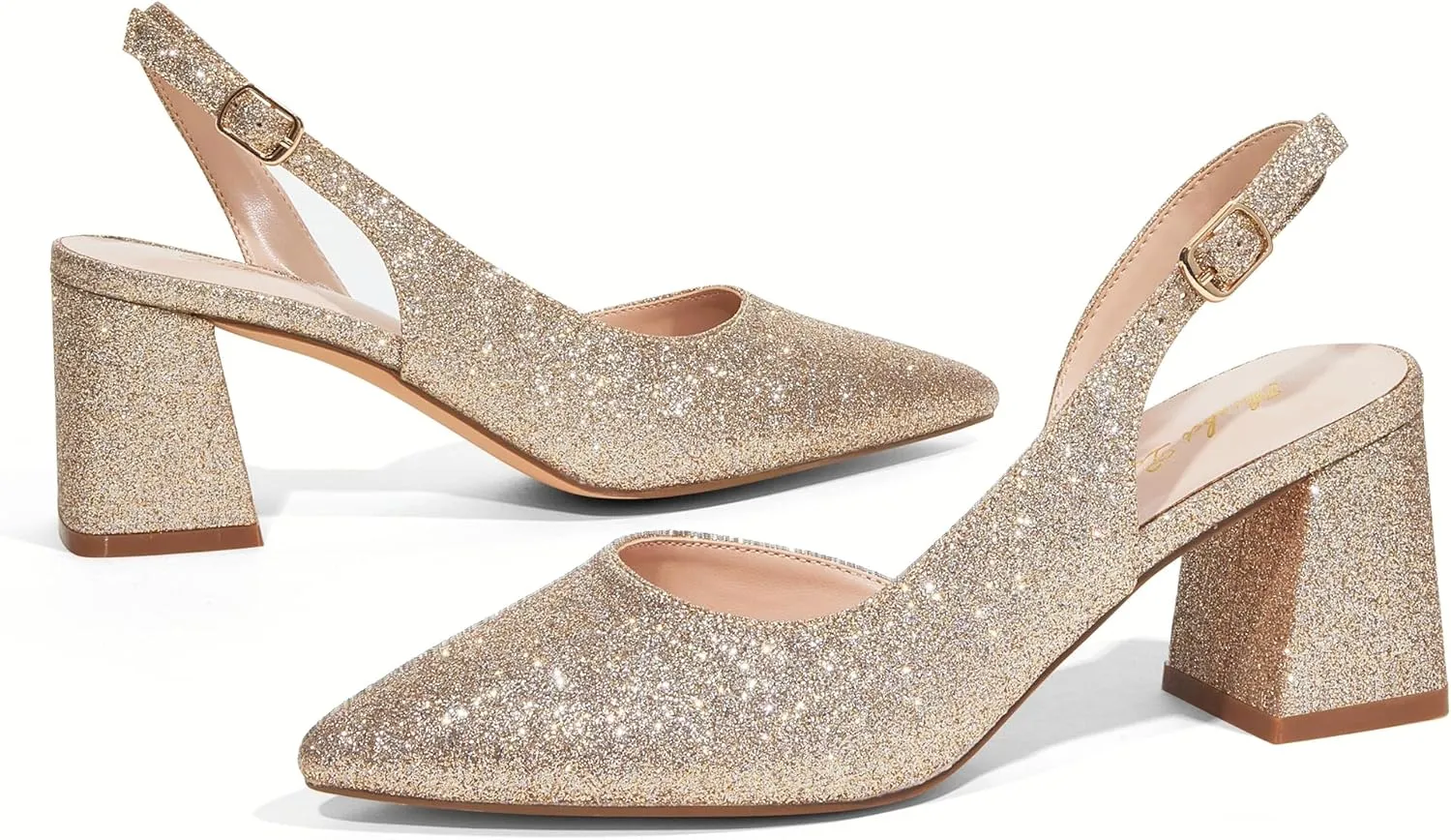 Elisabet Tang Women's Pumps Slingback 2 Inches Block Chunky Heels with Closed Pointed Toe Thick Low Pumps Wedding Party Prom Dating Casual Work Dressy Black Silver Gold Glitter Hot Pink