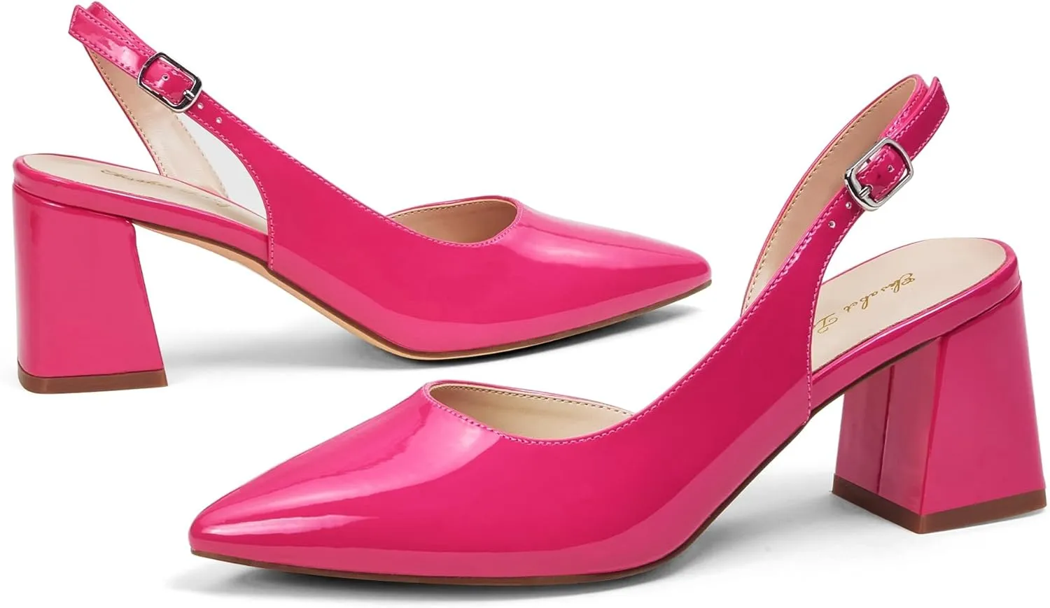 Elisabet Tang Women's Pumps Slingback 2 Inches Block Chunky Heels with Closed Pointed Toe Thick Low Pumps Wedding Party Prom Dating Casual Work Dressy Black Silver Gold Glitter Hot Pink