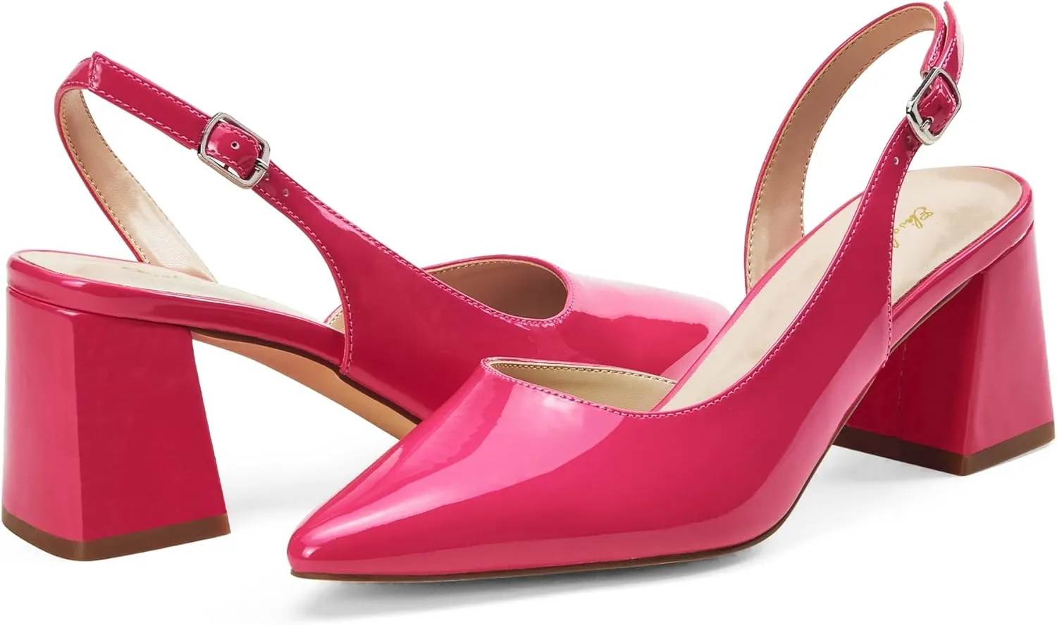 Elisabet Tang Women's Pumps Slingback 2 Inches Block Chunky Heels with Closed Pointed Toe Thick Low Pumps Wedding Party Prom Dating Casual Work Dressy Black Silver Gold Glitter Hot Pink