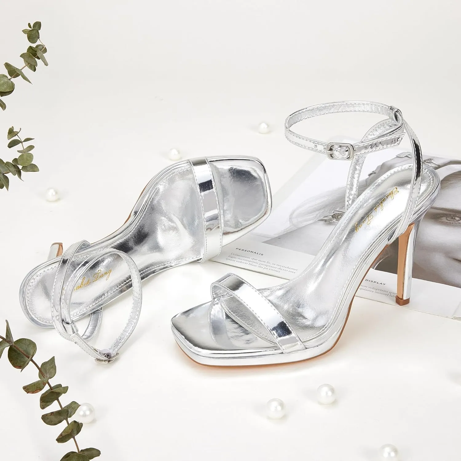 Elisabet Tang Women’s Stilettos Heeled Sandals Open Square Toe Heels,4.3 Inch Open Toe Strappy Sexy High Heels Ankle Strap Buckle Heels for Party Wedding Dress Daily Wear Shoes