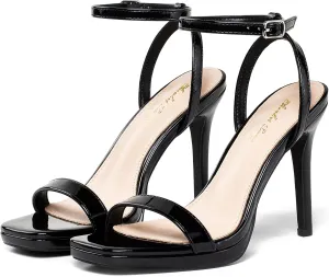 Elisabet Tang Women’s Stilettos Heeled Sandals Open Square Toe Heels,4.3 Inch Open Toe Strappy Sexy High Heels Ankle Strap Buckle Heels for Party Wedding Dress Daily Wear Shoes