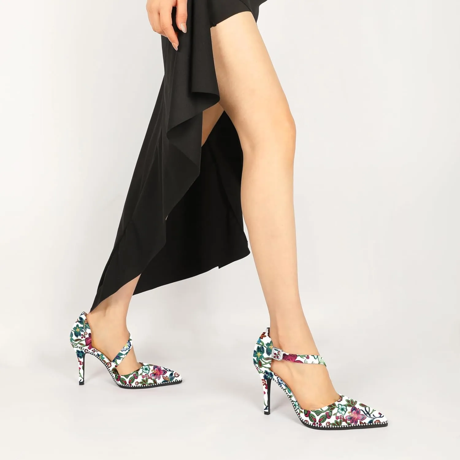 Esvowido Pointed Closed Toe Heels for Women Beaded Ankle Strap Pumps D'Orsay Stiletto High Heels Office Party Wedding 3.5 Inch Dress Shoes