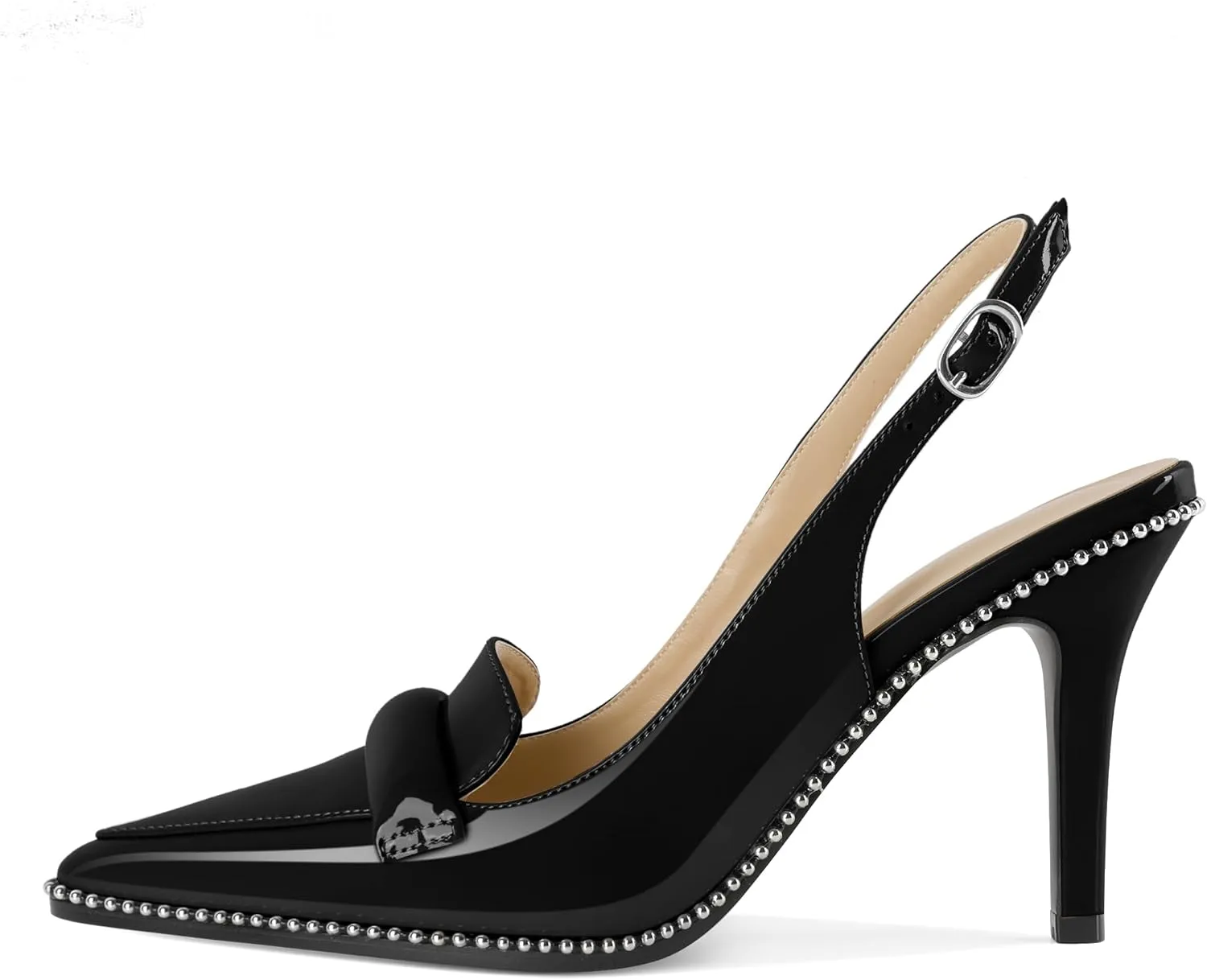 Esvowido Women 3.5" Slingback High Heel Pumps Stilettos Beaded Pointed Toe Shoes Slip On Loafers Pumps Patent Leather High Heel Shoes for Women