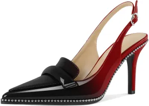 Esvowido Women 3.5" Slingback High Heel Pumps Stilettos Beaded Pointed Toe Shoes Slip On Loafers Pumps Patent Leather High Heel Shoes for Women