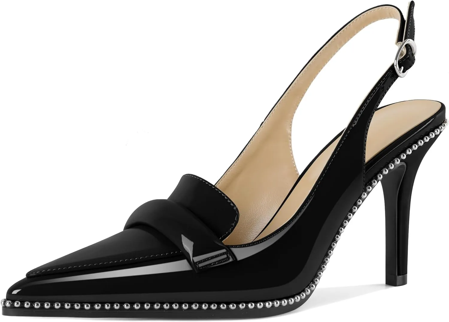 Esvowido Women 3.5" Slingback High Heel Pumps Stilettos Beaded Pointed Toe Shoes Slip On Loafers Pumps Patent Leather High Heel Shoes for Women