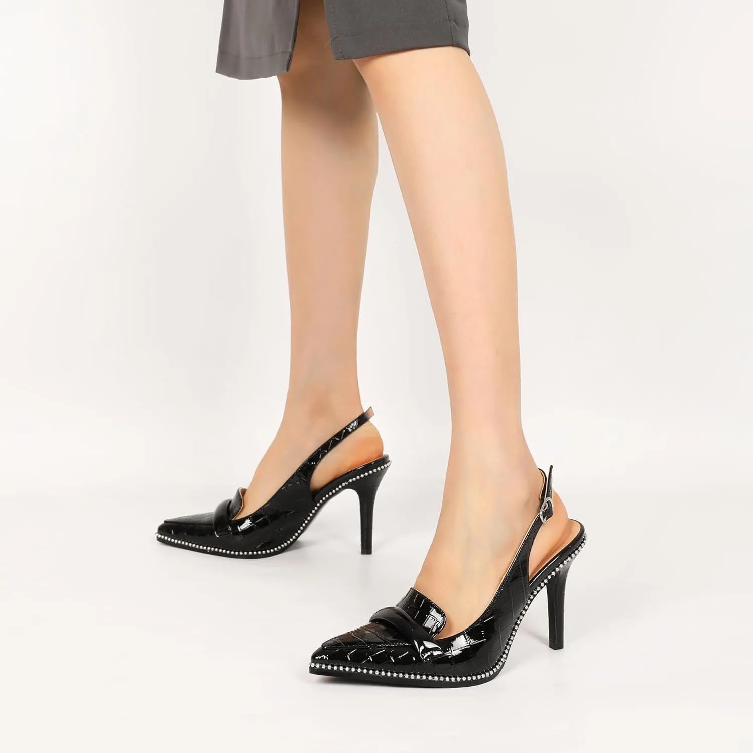 Esvowido Women 3.5" Slingback High Heel Pumps Stilettos Beaded Pointed Toe Shoes Slip On Loafers Pumps Patent Leather High Heel Shoes for Women