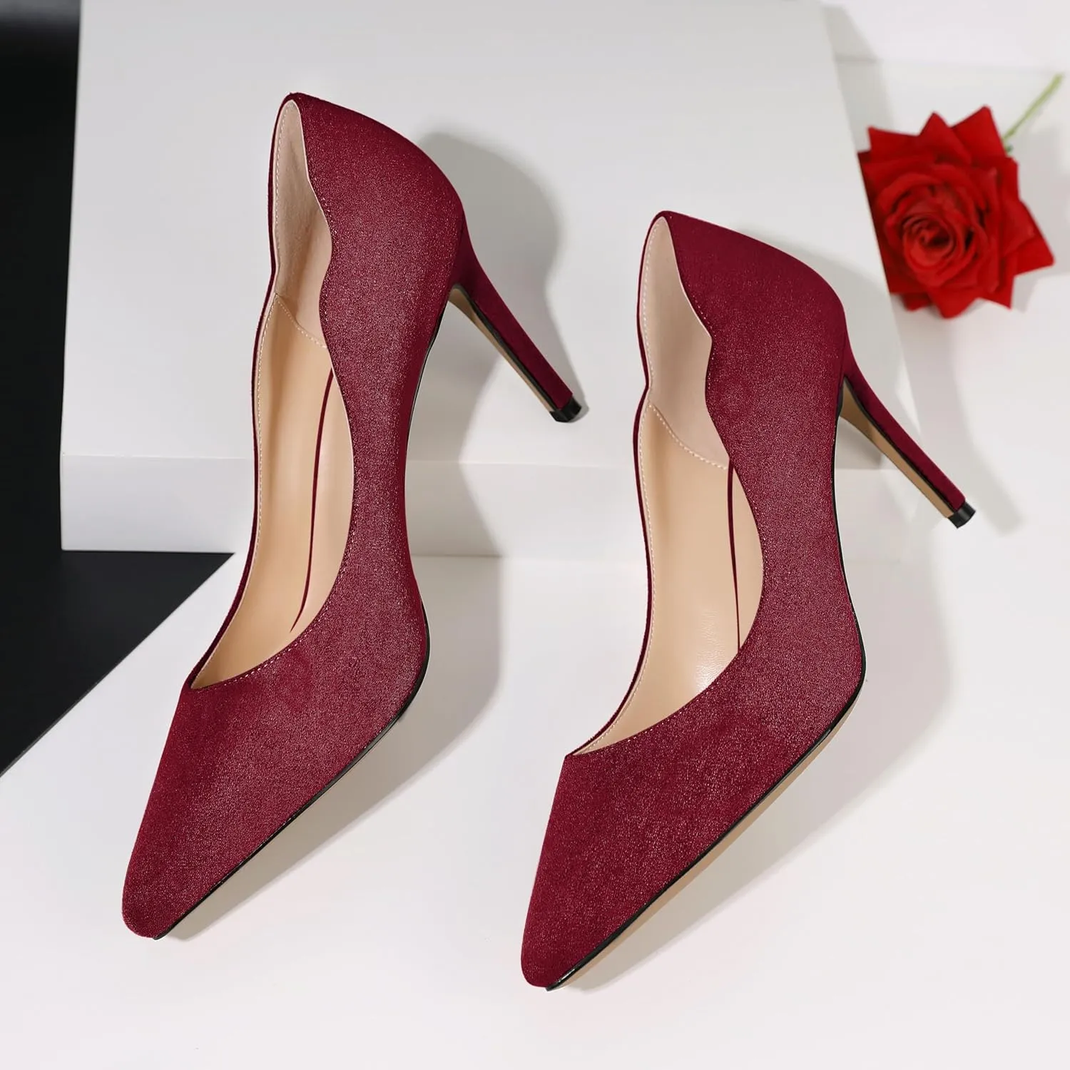 Esvowido Women's High Heel Pumps Heeled Pointed Toe Classic Stiletto Heels Slip on Sexy Evening Party Dress Shoes 3.4 Inch