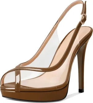 Esvowido Women's Peep Toe High Heels Slingback Pumps Platform Stilettos Clear PVC Heeled Sandals 5 Inch Wedding Party Dress Shoes