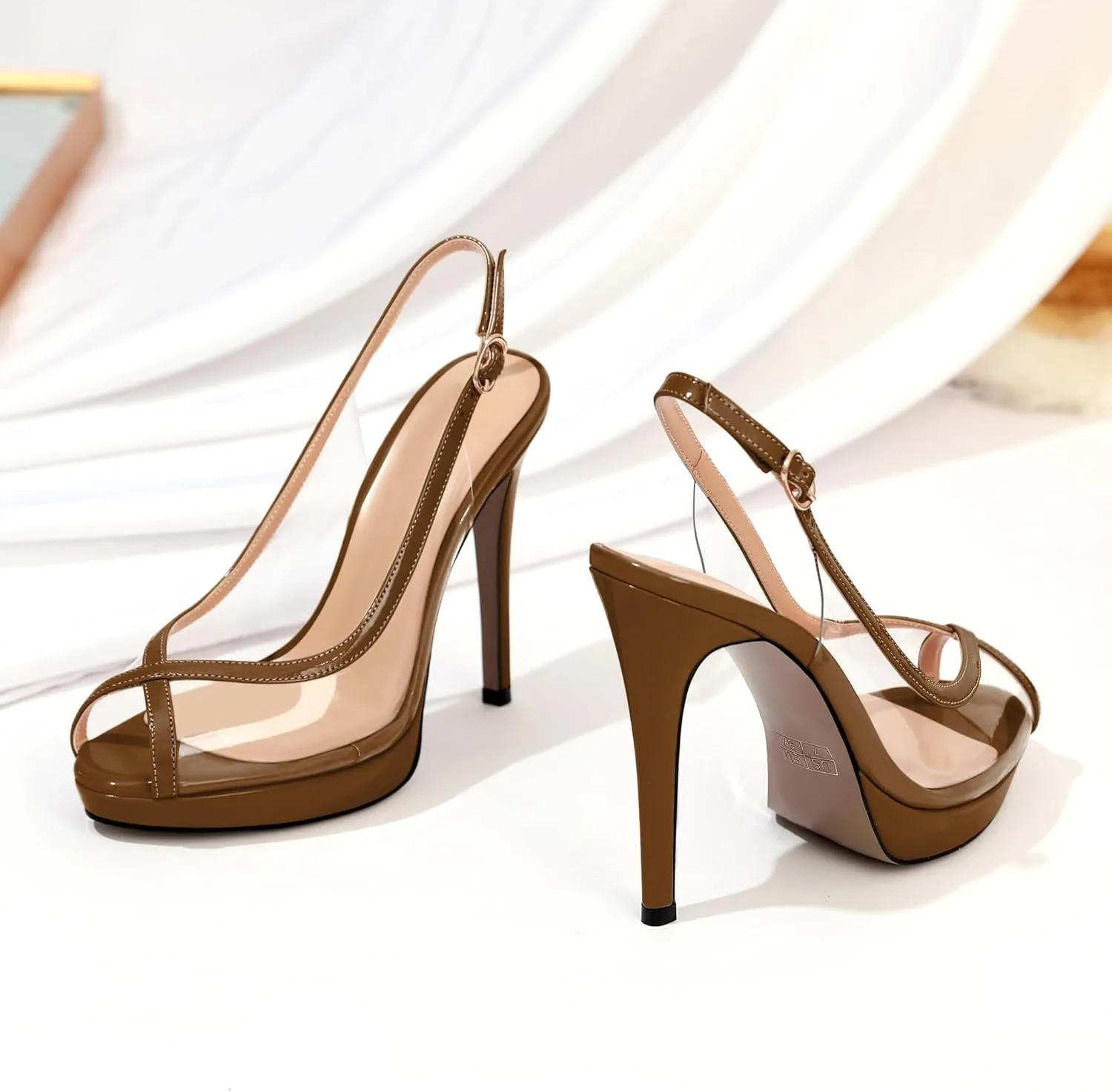 Esvowido Women's Peep Toe High Heels Slingback Pumps Platform Stilettos Clear PVC Heeled Sandals 5 Inch Wedding Party Dress Shoes