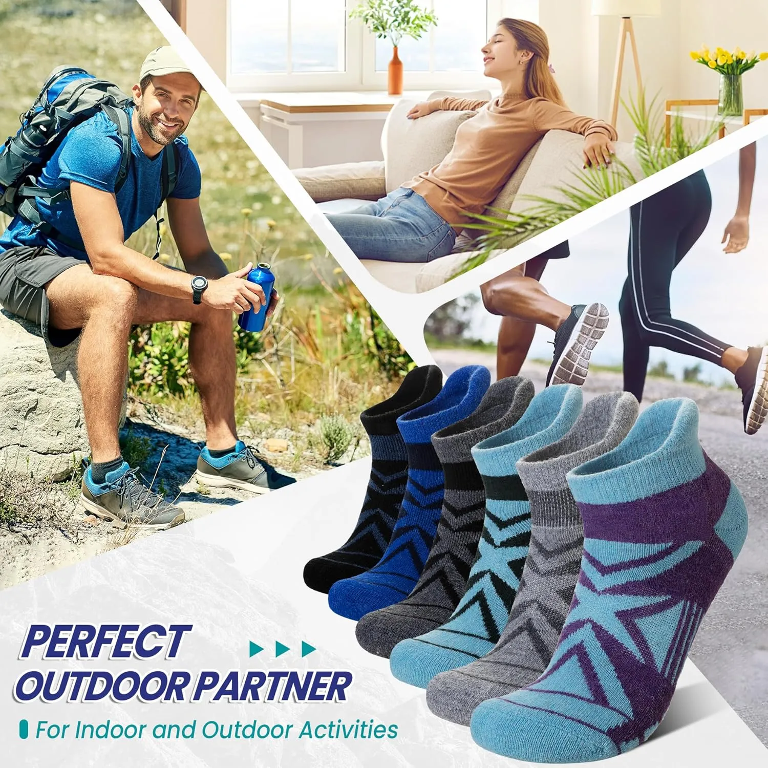 Eyean Merino Wool Ankle Running Socks Men Women Hiking Thick Half Cushioned Support No Show Socks 6 Pairs