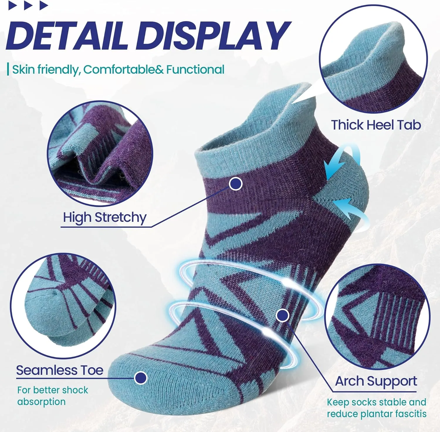 Eyean Merino Wool Ankle Running Socks Men Women Hiking Thick Half Cushioned Support No Show Socks 6 Pairs