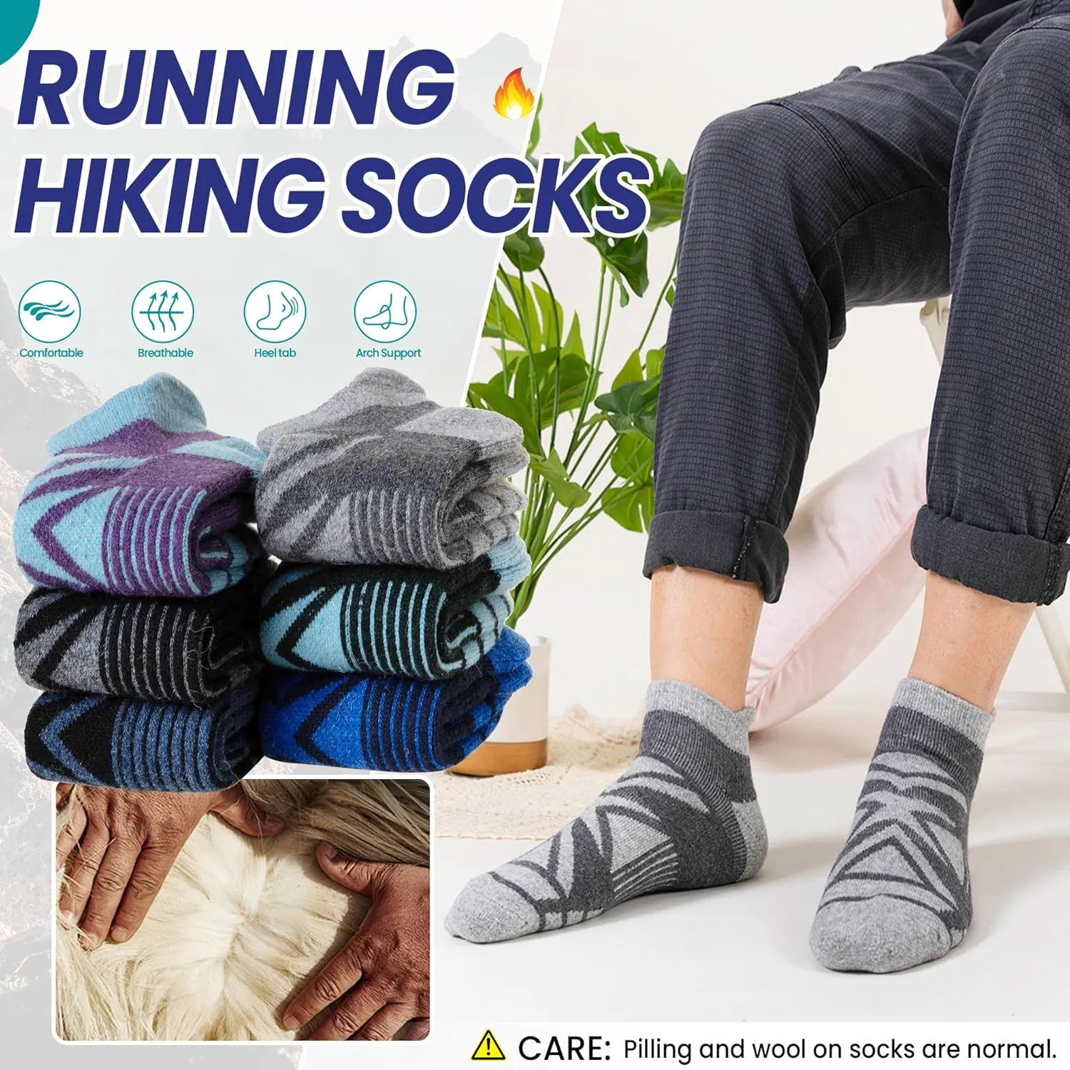 Eyean Merino Wool Ankle Running Socks Men Women Hiking Thick Half Cushioned Support No Show Socks 6 Pairs
