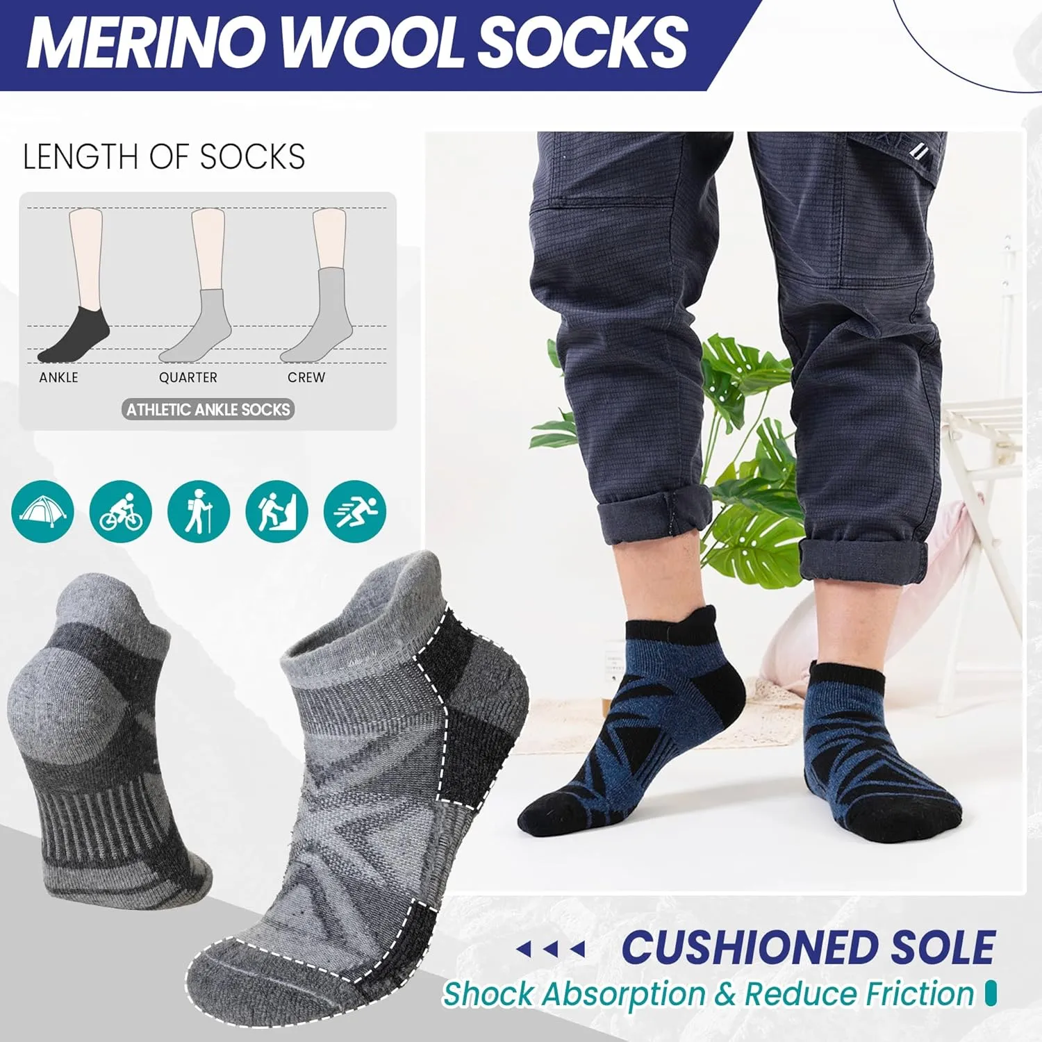 Eyean Merino Wool Ankle Running Socks Men Women Hiking Thick Half Cushioned Support No Show Socks 6 Pairs