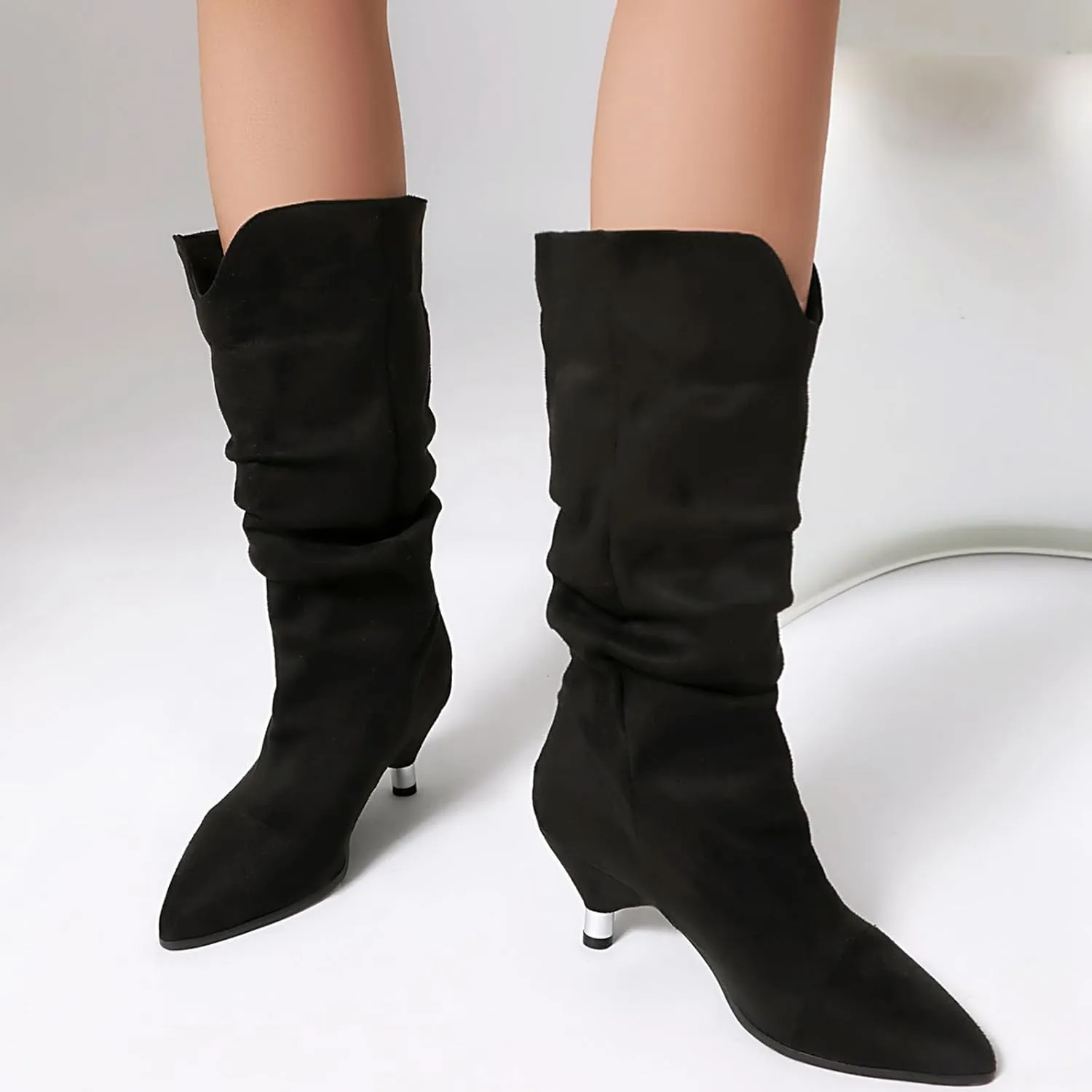 Faux Suede Leopard Slouch Boots for Women Low Round Heel Slip On Turned-over Edge Pleated Mid Calf Boots