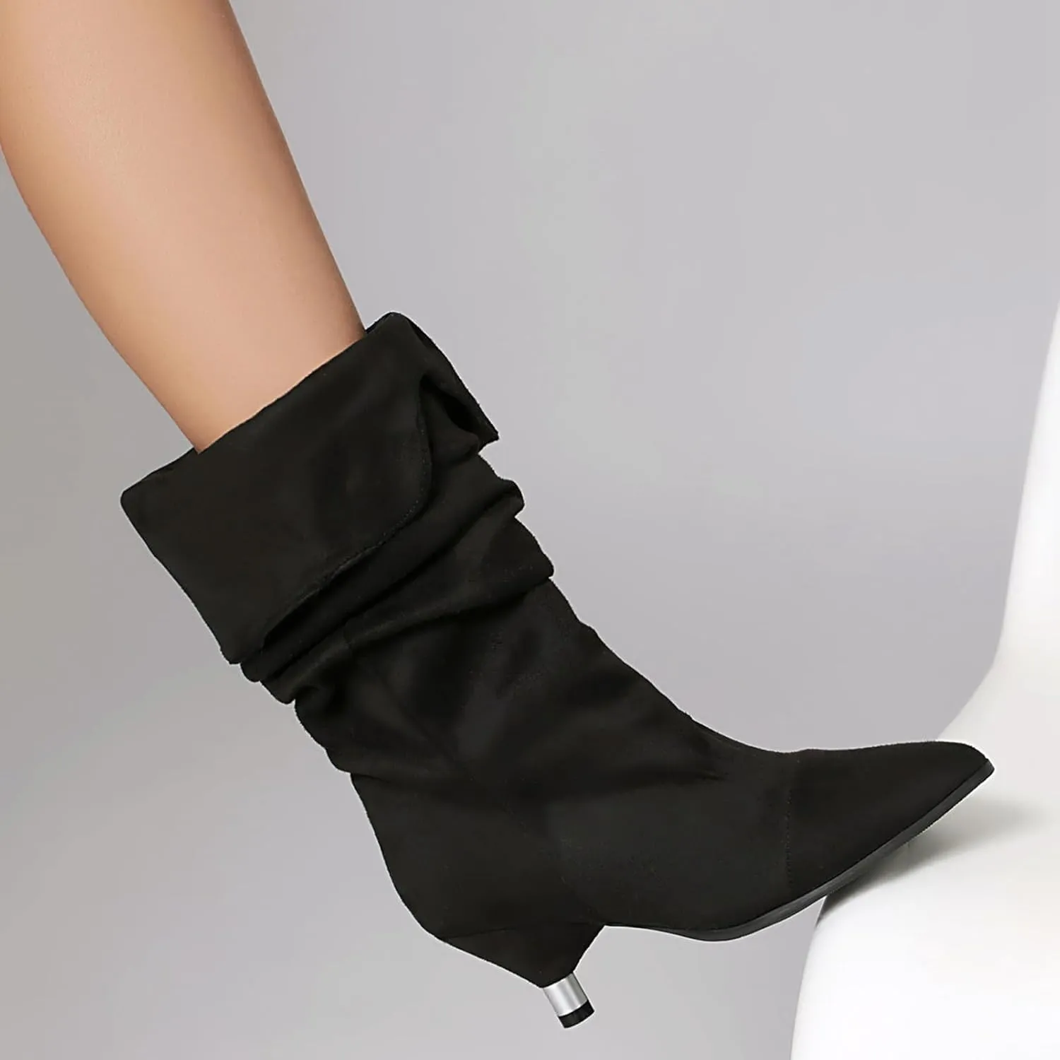 Faux Suede Leopard Slouch Boots for Women Low Round Heel Slip On Turned-over Edge Pleated Mid Calf Boots