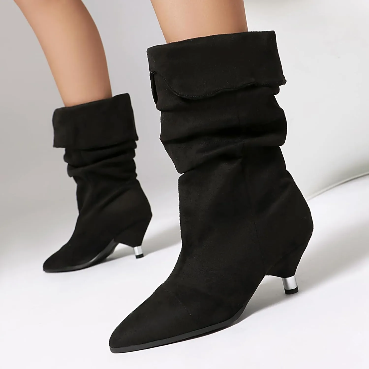 Faux Suede Leopard Slouch Boots for Women Low Round Heel Slip On Turned-over Edge Pleated Mid Calf Boots