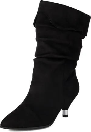 Faux Suede Leopard Slouch Boots for Women Low Round Heel Slip On Turned-over Edge Pleated Mid Calf Boots