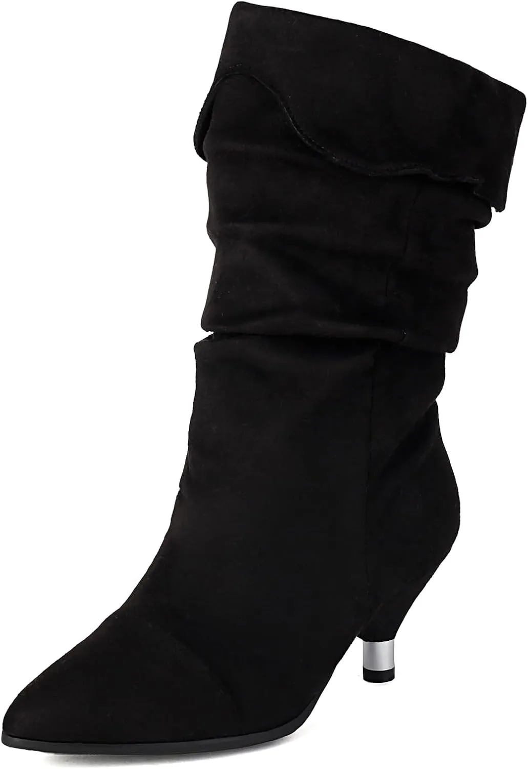 Faux Suede Leopard Slouch Boots for Women Low Round Heel Slip On Turned-over Edge Pleated Mid Calf Boots