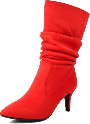 Faux Suede Slouch Boots for Women Sexy Stiletto Heel Slip On Pleated Mid Calf Boots