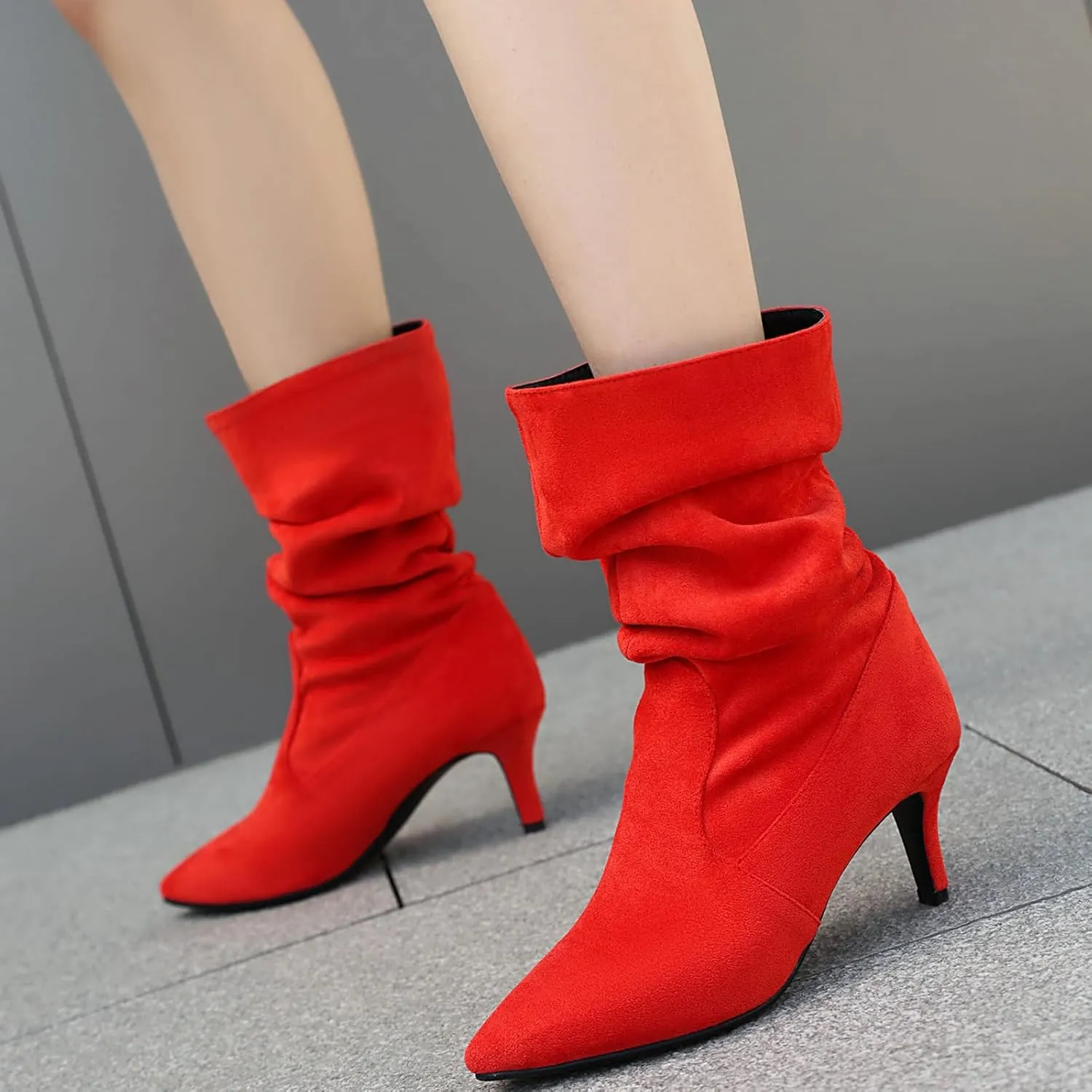 Faux Suede Slouch Boots for Women Sexy Stiletto Heel Slip On Pleated Mid Calf Boots