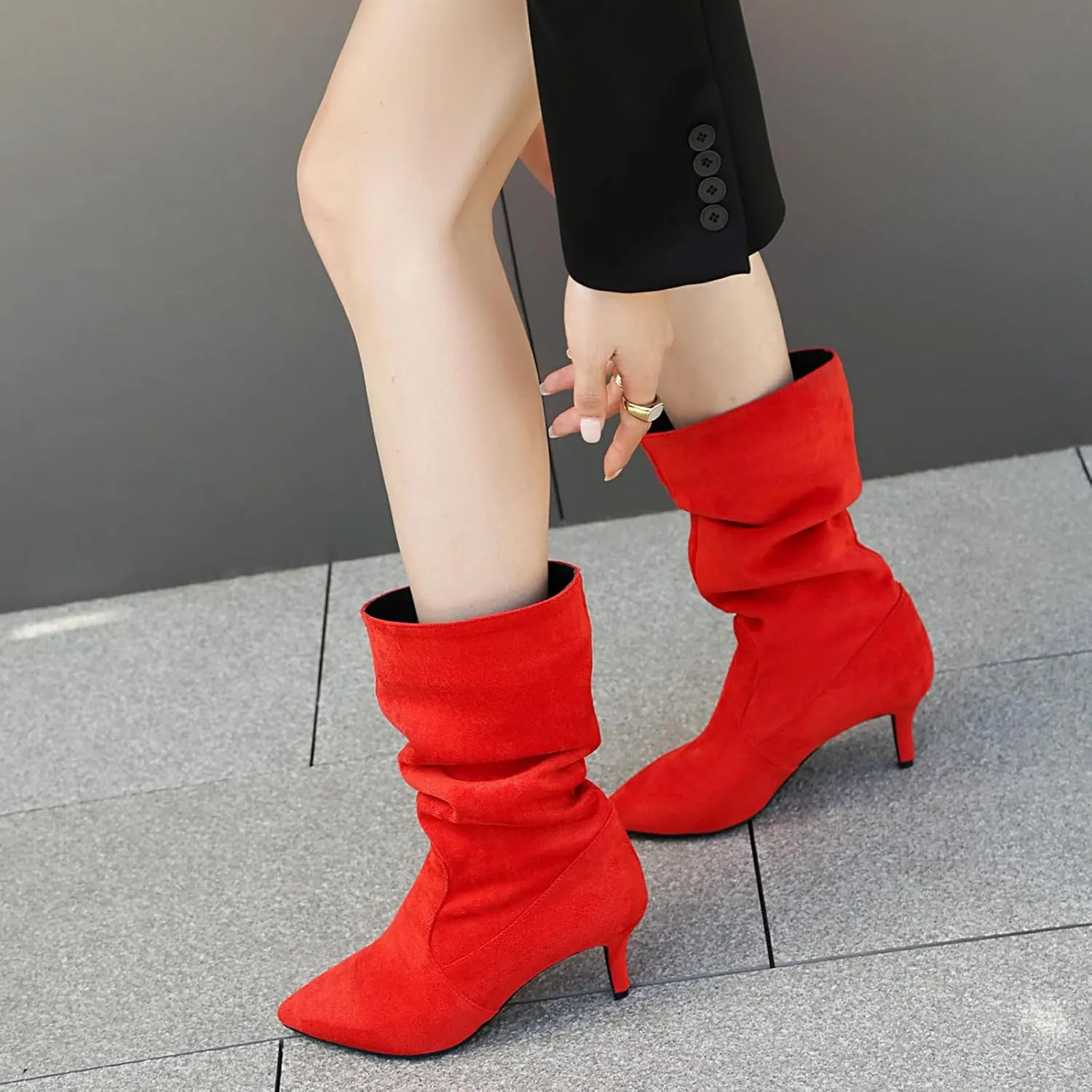 Faux Suede Slouch Boots for Women Sexy Stiletto Heel Slip On Pleated Mid Calf Boots