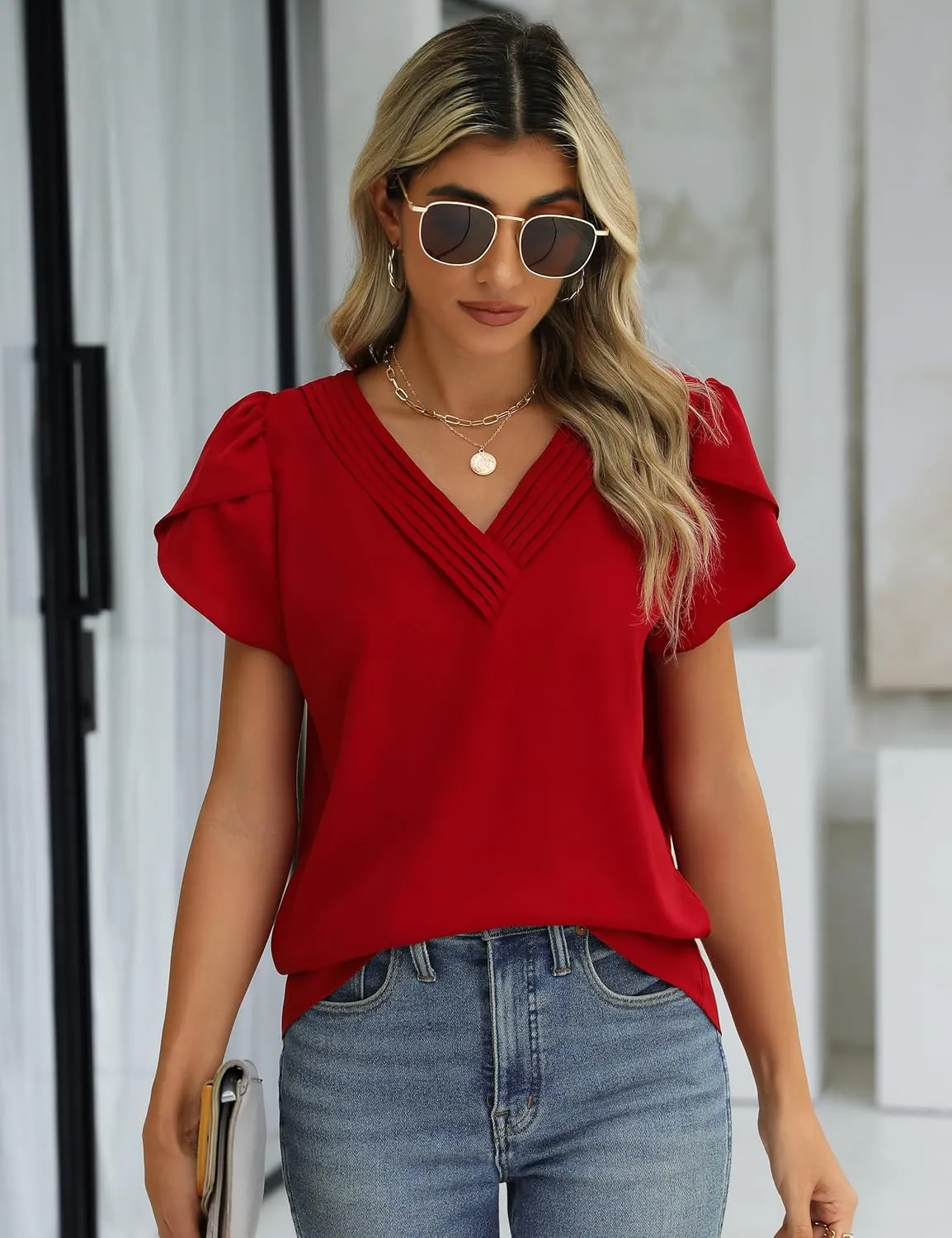 Fayenne Womens Tops Dressy Casual V Neck Ruffle Short Sleeve Blouse Business Casual Tops Chiffon Flowy Shirt Cute Summer Tops