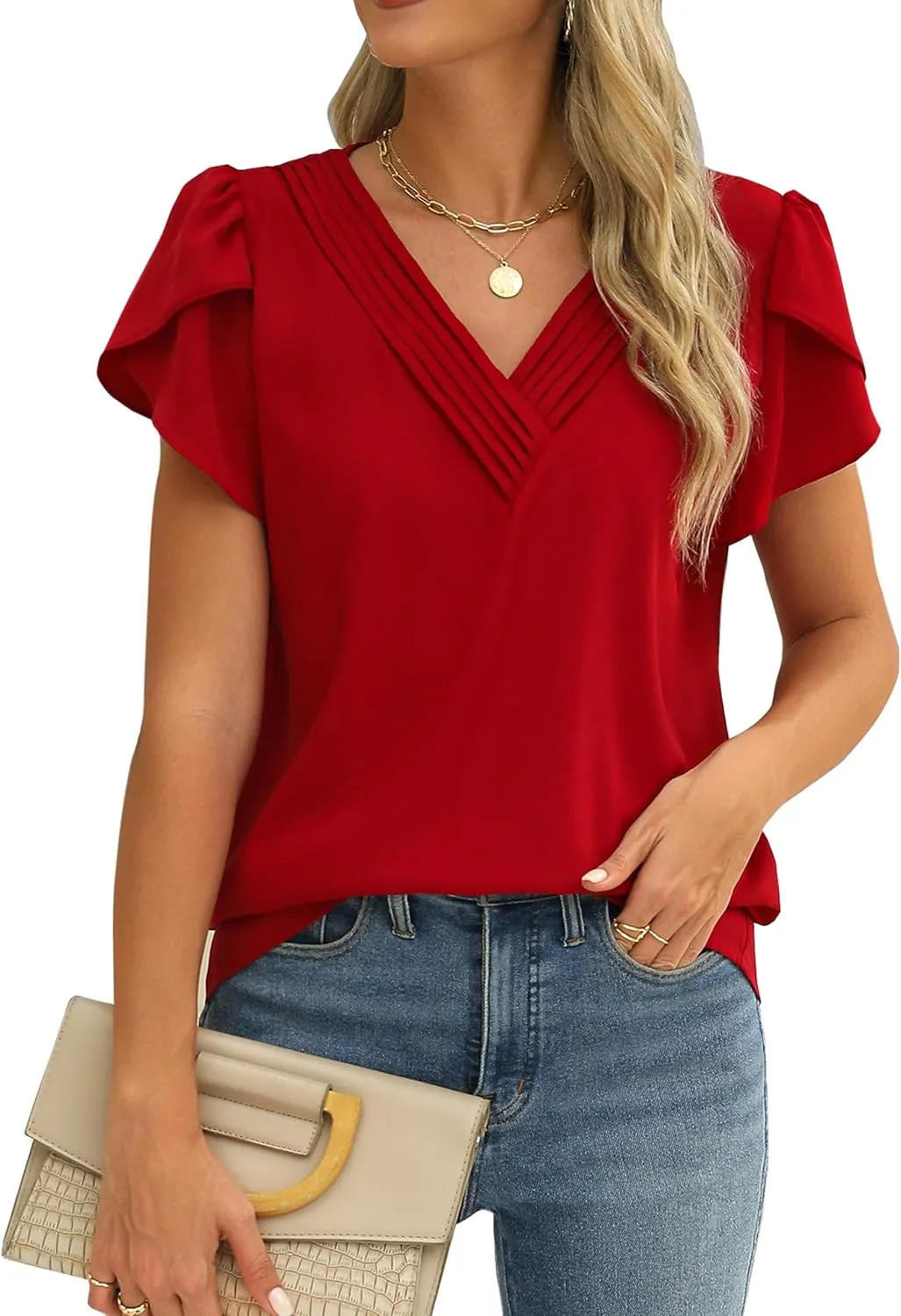 Fayenne Womens Tops Dressy Casual V Neck Ruffle Short Sleeve Blouse Business Casual Tops Chiffon Flowy Shirt Cute Summer Tops