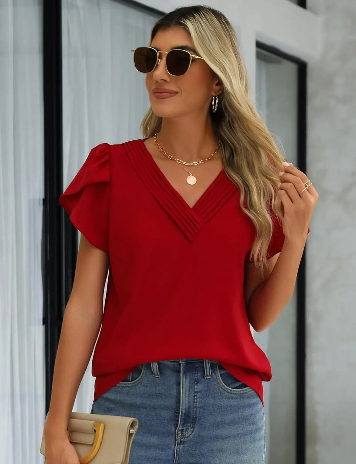 Fayenne Womens Tops Dressy Casual V Neck Ruffle Short Sleeve Blouse Business Casual Tops Chiffon Flowy Shirt Cute Summer Tops