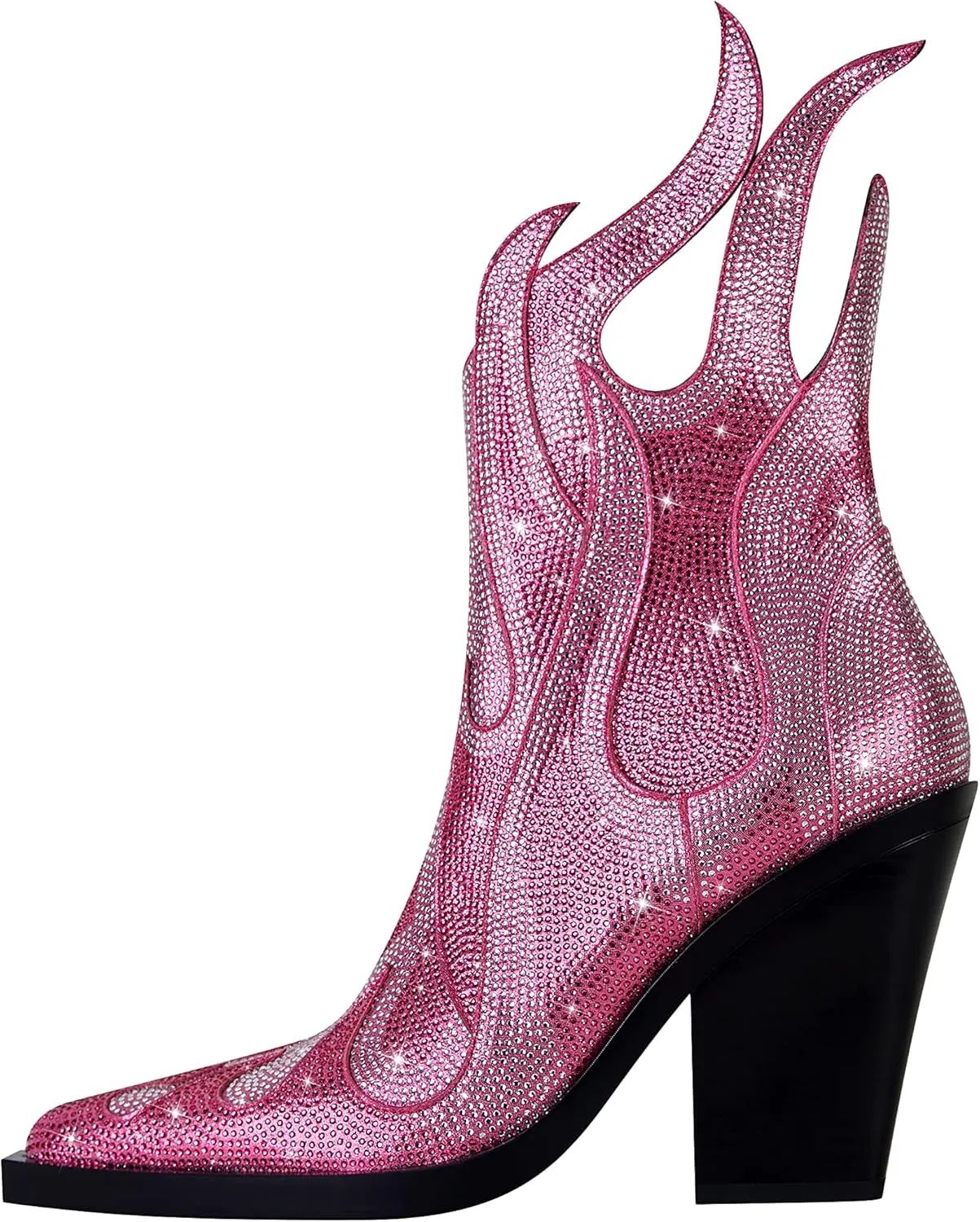 Feinlina Women's Rhinestone Flame Pointed Toe Block Chunky Heeled Boots Fashion Sparkly Cowboy Ankle Booties