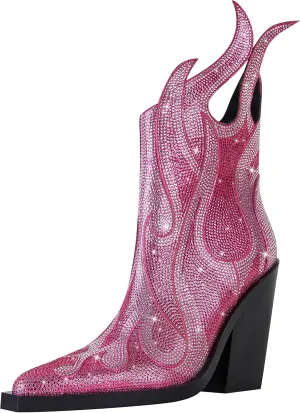 Feinlina Women's Rhinestone Flame Pointed Toe Block Chunky Heeled Boots Fashion Sparkly Cowboy Ankle Booties