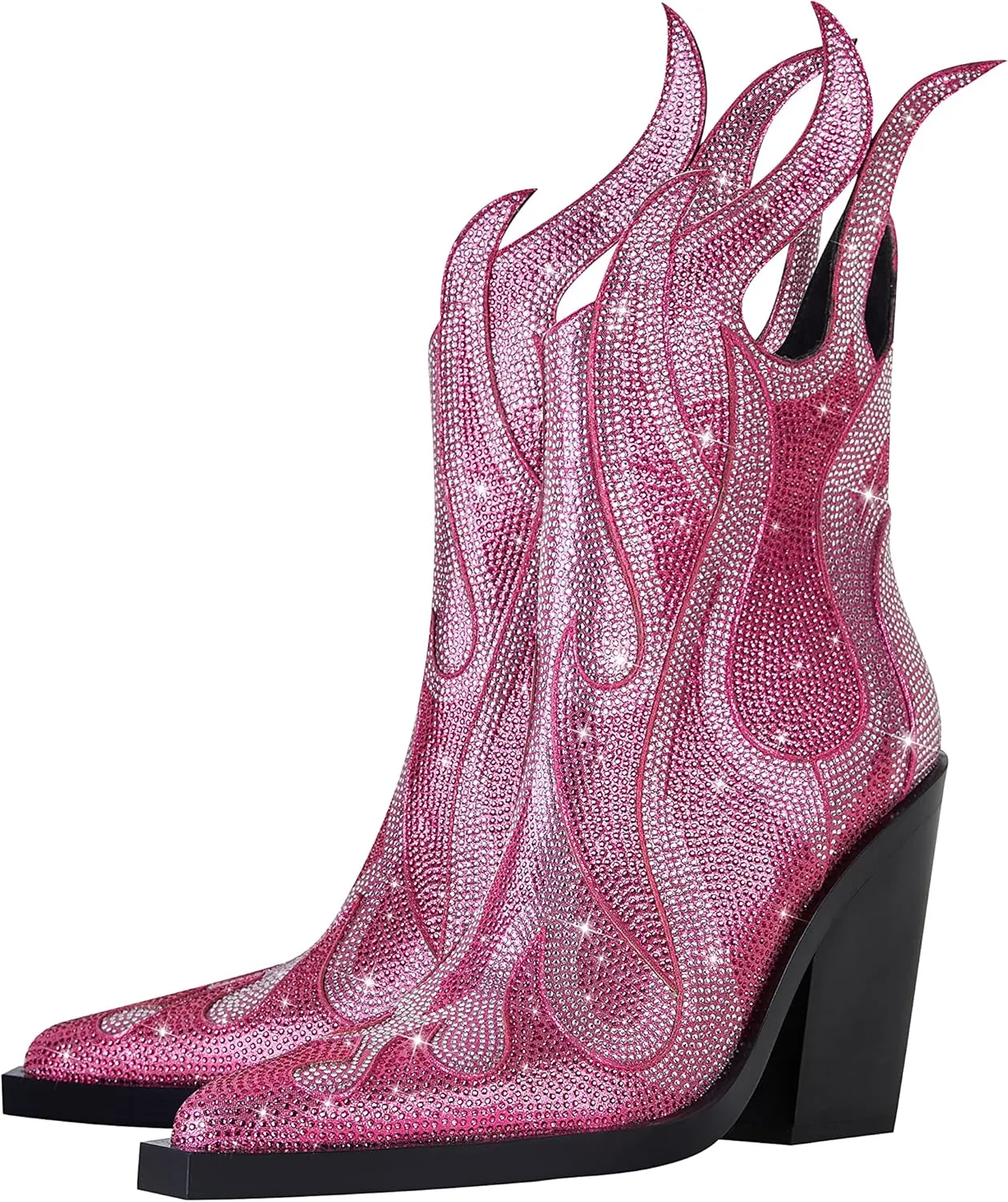 Feinlina Women's Rhinestone Flame Pointed Toe Block Chunky Heeled Boots Fashion Sparkly Cowboy Ankle Booties