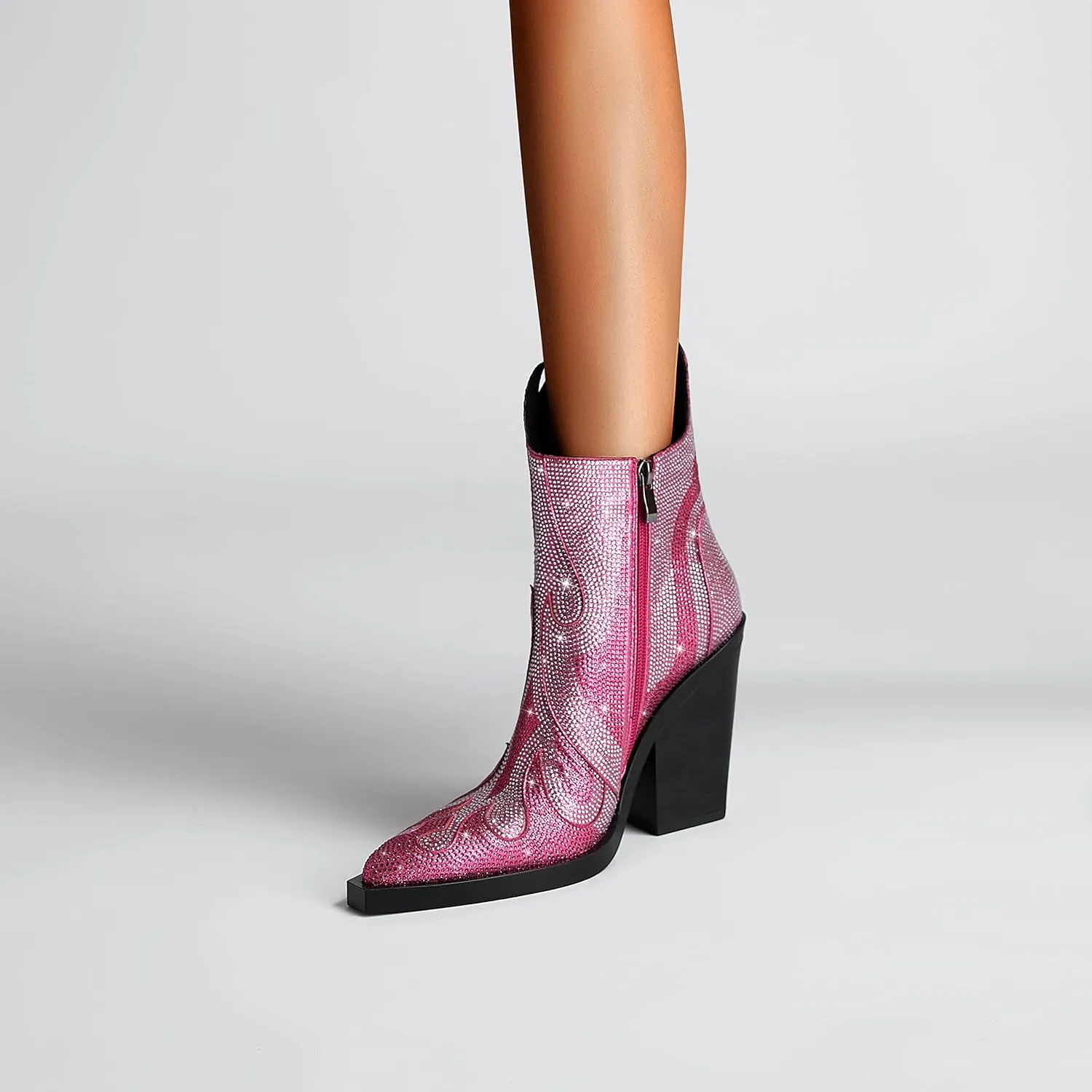 Feinlina Women's Rhinestone Flame Pointed Toe Block Chunky Heeled Boots Fashion Sparkly Cowboy Ankle Booties