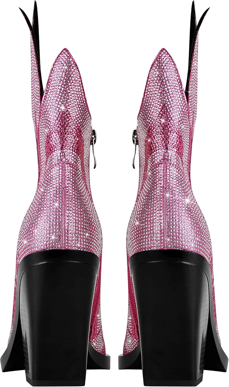 Feinlina Women's Rhinestone Flame Pointed Toe Block Chunky Heeled Boots Fashion Sparkly Cowboy Ankle Booties