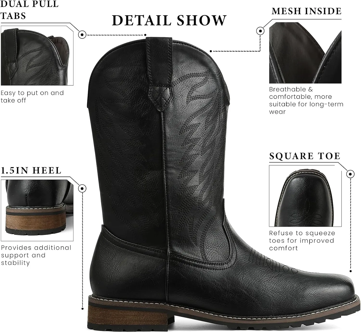 femflame Cowboy Boots for Men Square Toe Embroidered Mens Cowboy Boots Distressed Work boots Traditional Western Boots