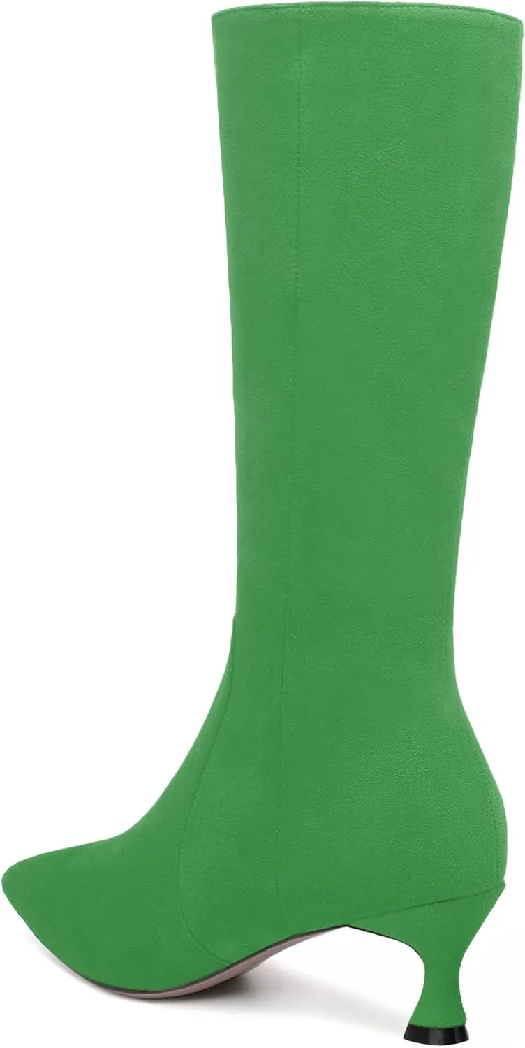 FEMSTEP Womens Sexy Suede Pointed Toe Party Zip Kitten Low Heel Knee High Boots 2 Inch