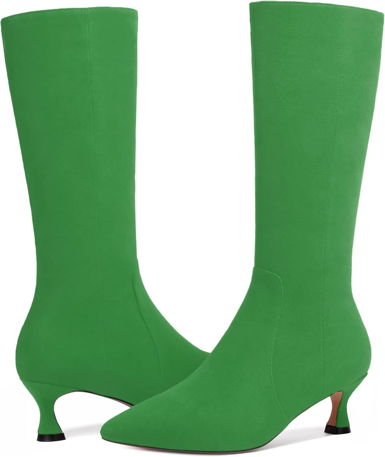 FEMSTEP Womens Sexy Suede Pointed Toe Party Zip Kitten Low Heel Knee High Boots 2 Inch