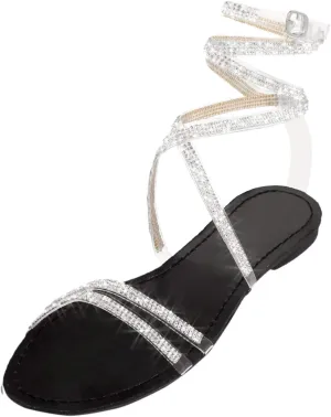 Flats Sandals Women Casual Falt Rhinestone Cutout Boho Gladiator Strap Up Lace Up Cute Sandals for Women Sexy