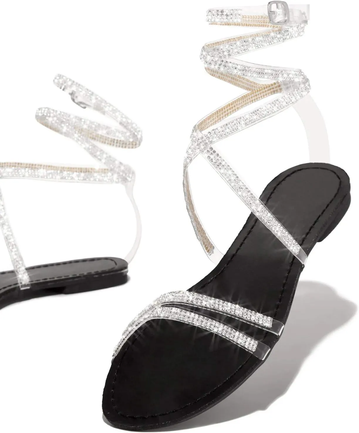 Flats Sandals Women Casual Falt Rhinestone Cutout Boho Gladiator Strap Up Lace Up Cute Sandals for Women Sexy
