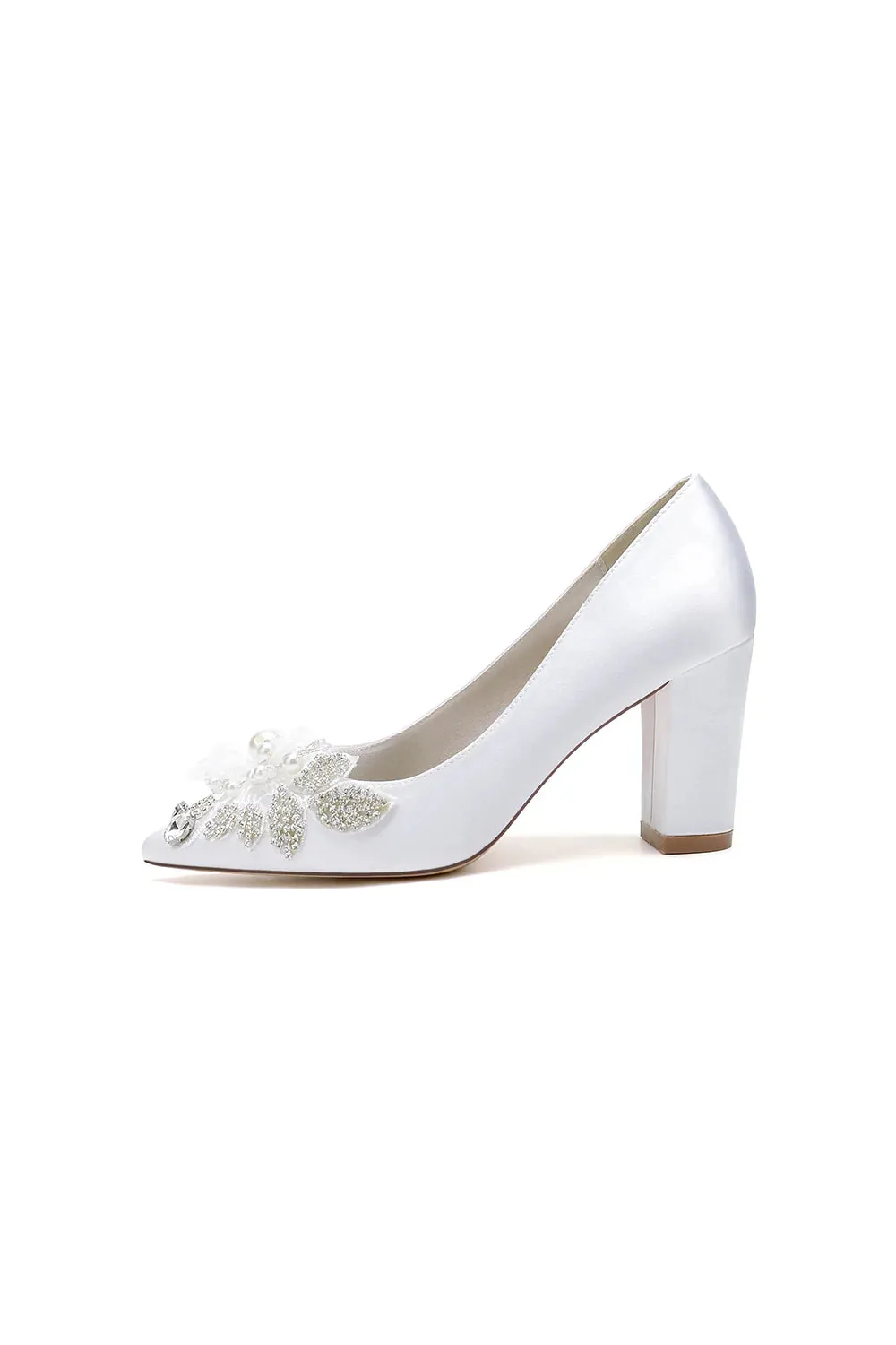 Floral Beaded Pointed Toe Chunky Heel