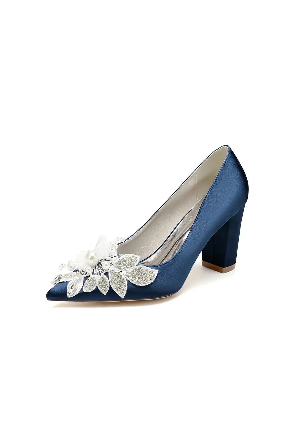 Floral Beaded Pointed Toe Chunky Heel