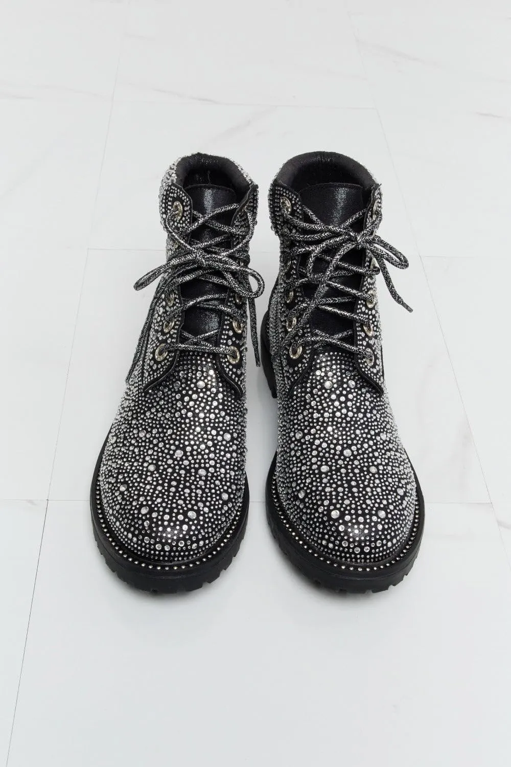 Forever Link Women's Rhinestone Lace Up Combat Ankle Boots