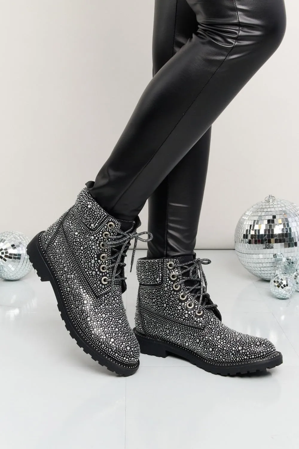 Forever Link Women's Rhinestone Lace Up Combat Ankle Boots