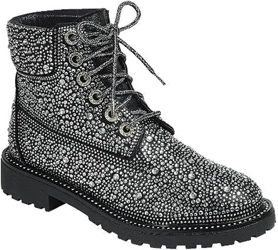 Forever Link Women's Rhinestone Lace Up Combat Ankle Boots